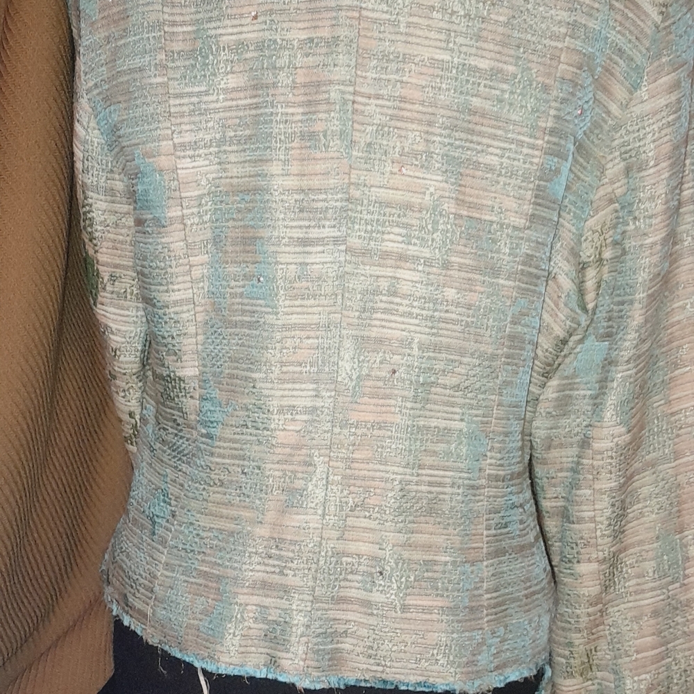 Isbell Ladies Designer Suit Jacket / Neutrals with Turquoise Accent / Boutique L - Picture 5 of 7